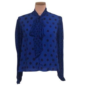Anthropologie Bl^nk NYC blouse Top Size Medium Blue Polka Dot Puff Sleeve Blouse